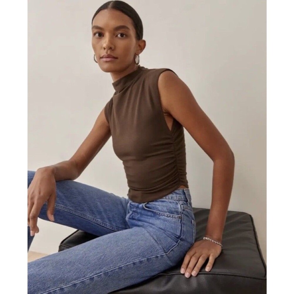 Reformation Lindy Knit Top Brown Cropped Ruched Sz S